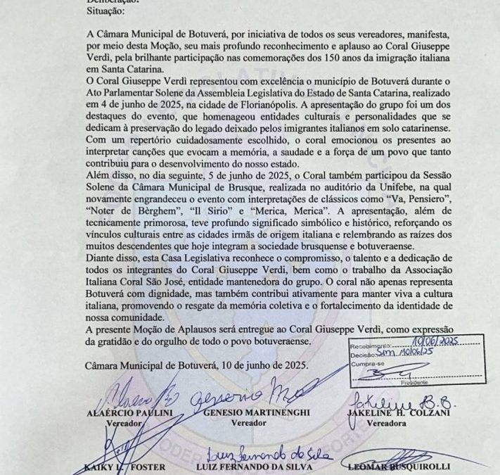 Moção de Aplausos recebida da Câmara Municipal de Botuverá